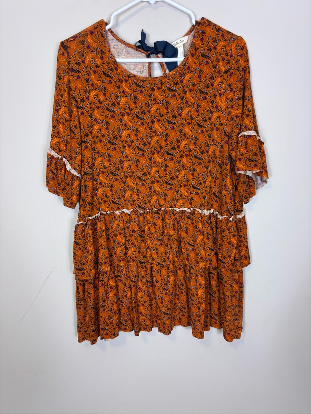 Matilda Jane Orange with Blue & Purple Floral Ruffled Tunic Blouse Large